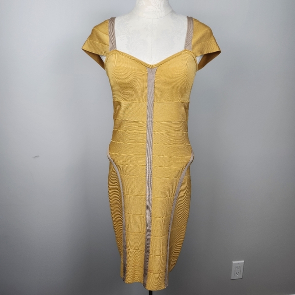 Y2K 2000s Vintage Gold Bandage Dress cap sleeves Bodycon Size L Bebe - Picture 3 of 11